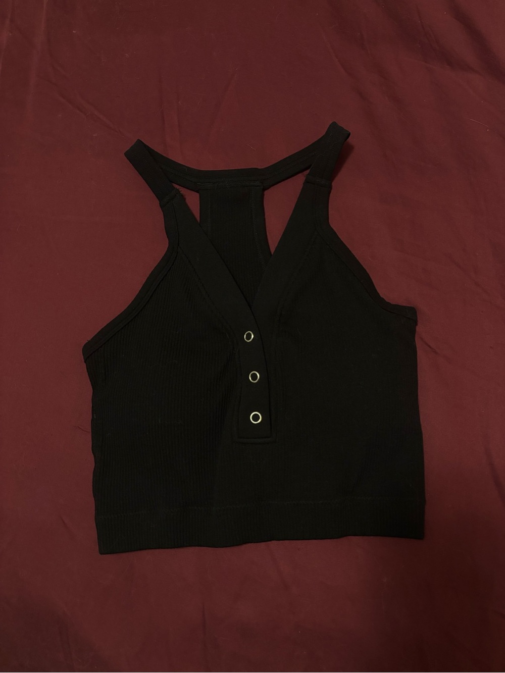 Women’s Black Ribbed Halter Crop Top with Snap Placket